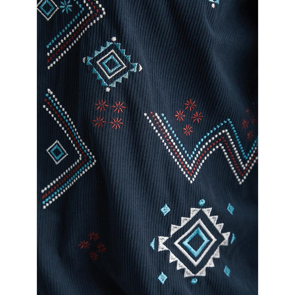 Plus Size Corduroy Geo Embroidered Zipper Fly Jacket Women Indigo Elastic cuffs Dailywear Jackets BloomChic 22-24/3X Product Image