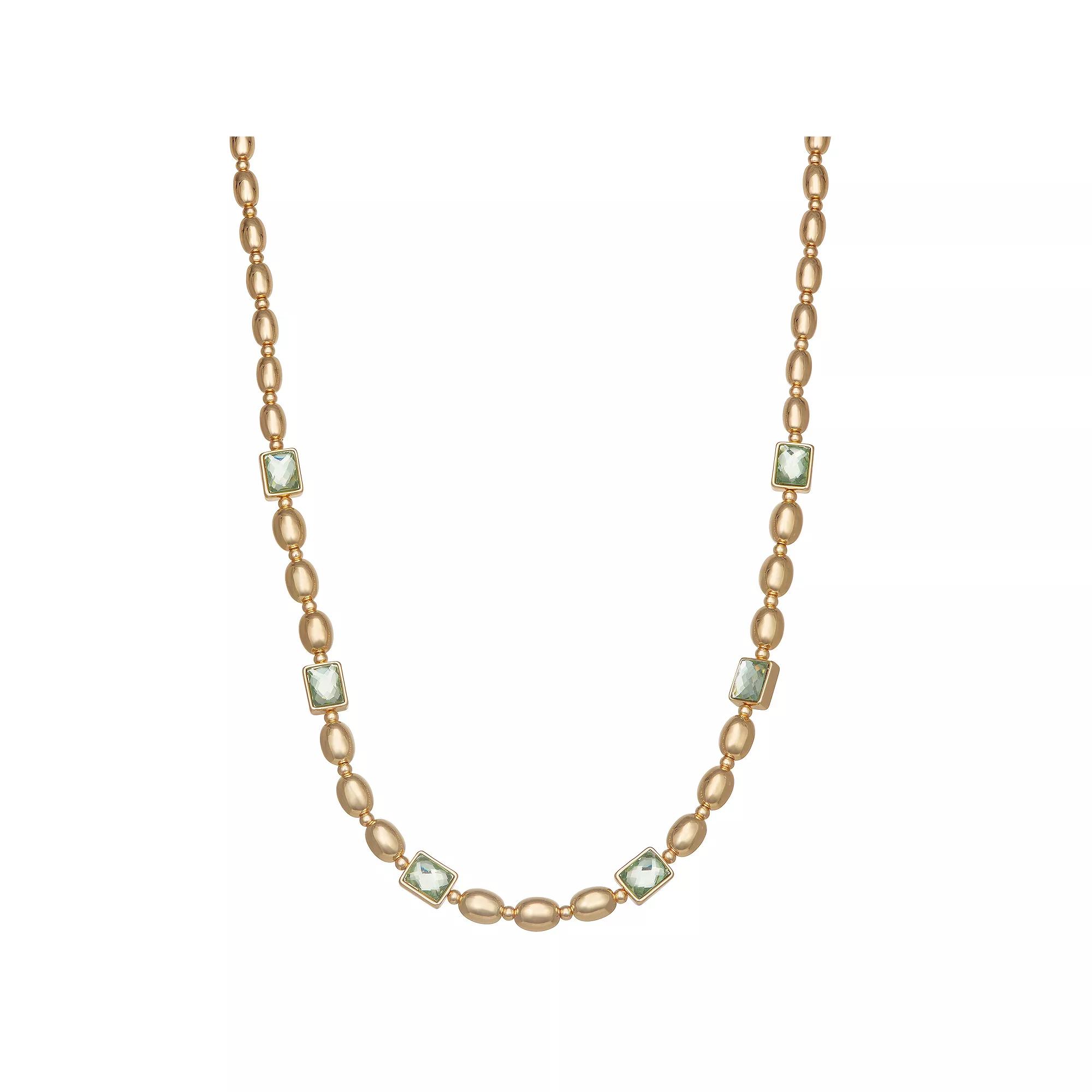 Nine West Gold Tone Oval Bead & Green Stone Necklace, Women's Product Image