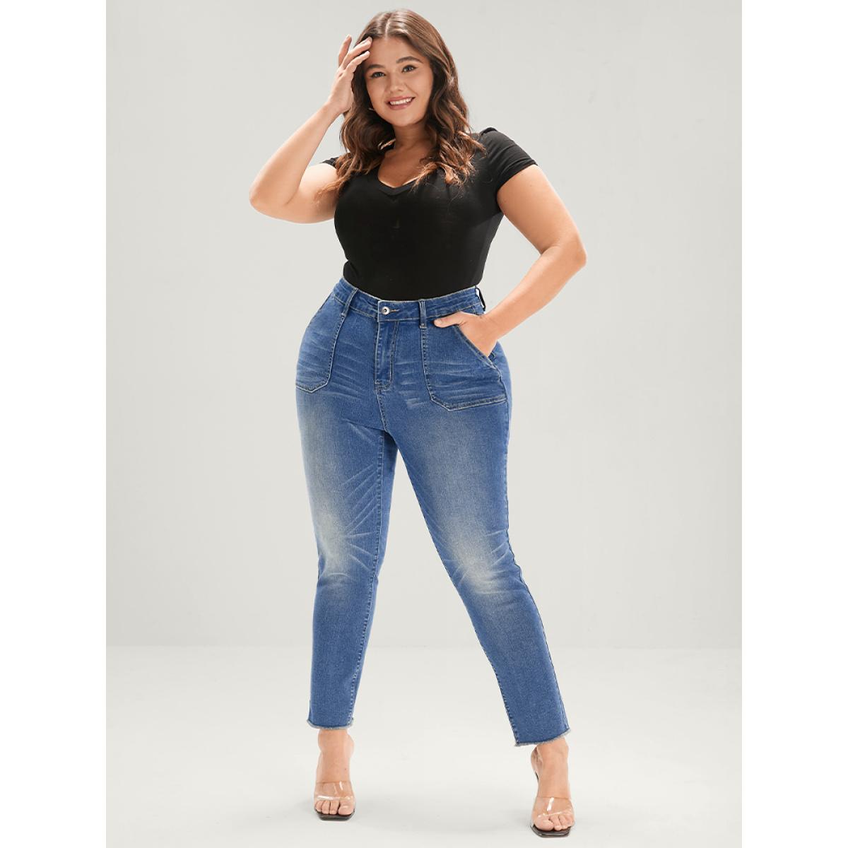 Plus Size Straight Very Stretchy Mid Rise Medium Wash Jeans Women Blue Casual Plain Pocket High stretch Pocket Jeans BloomChic 16/1X Product Image