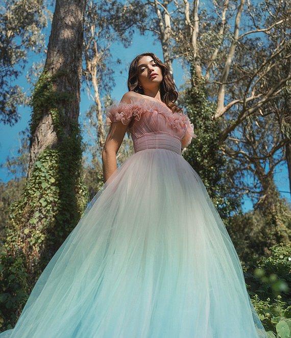 Mac Duggal Tulle Ombre Print Off-The-Shoulder Neck Short Sleeve 3D Flower Gown Product Image