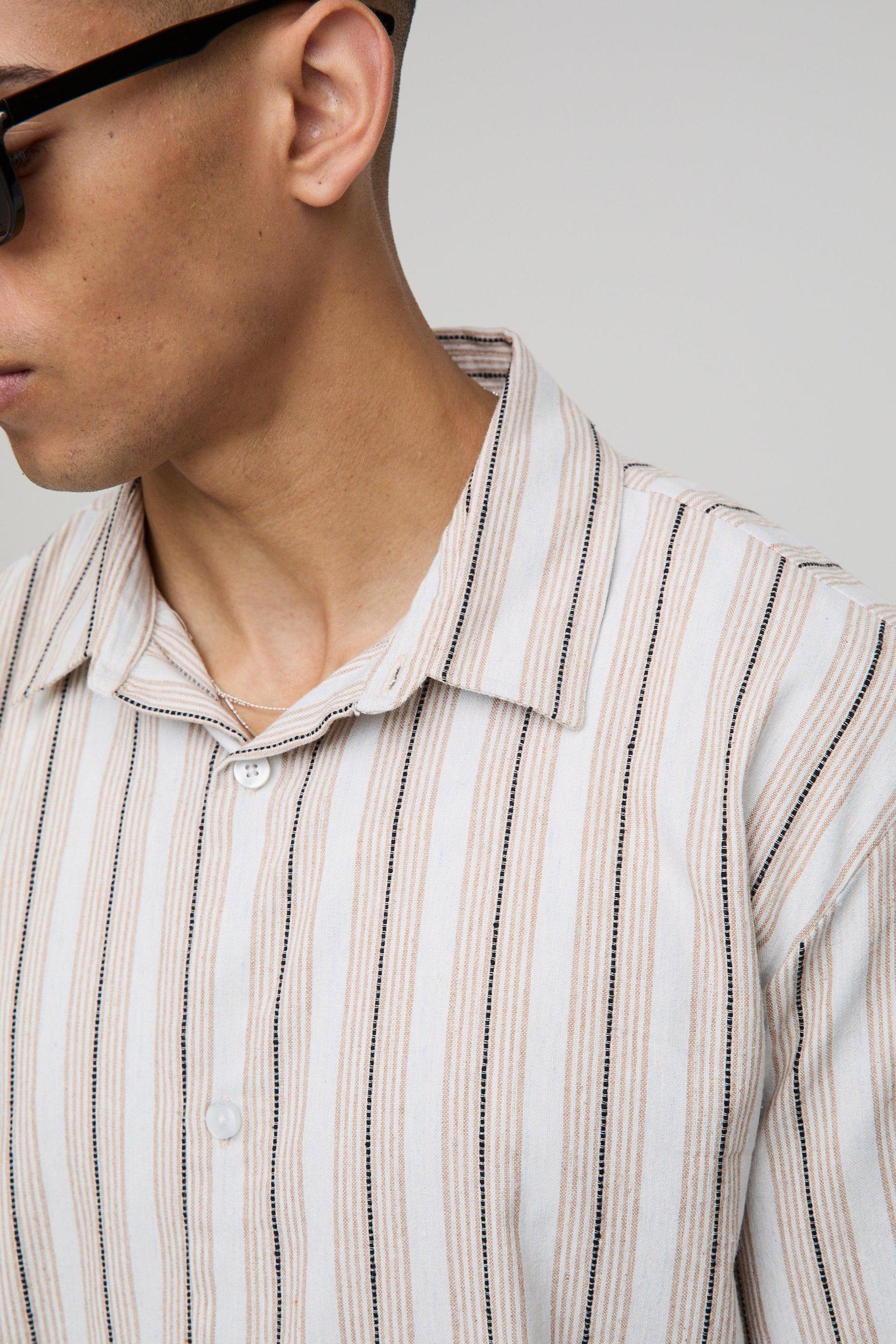Oversized Linen Look Stripe Collared Shirt | boohooMAN USA Product Image