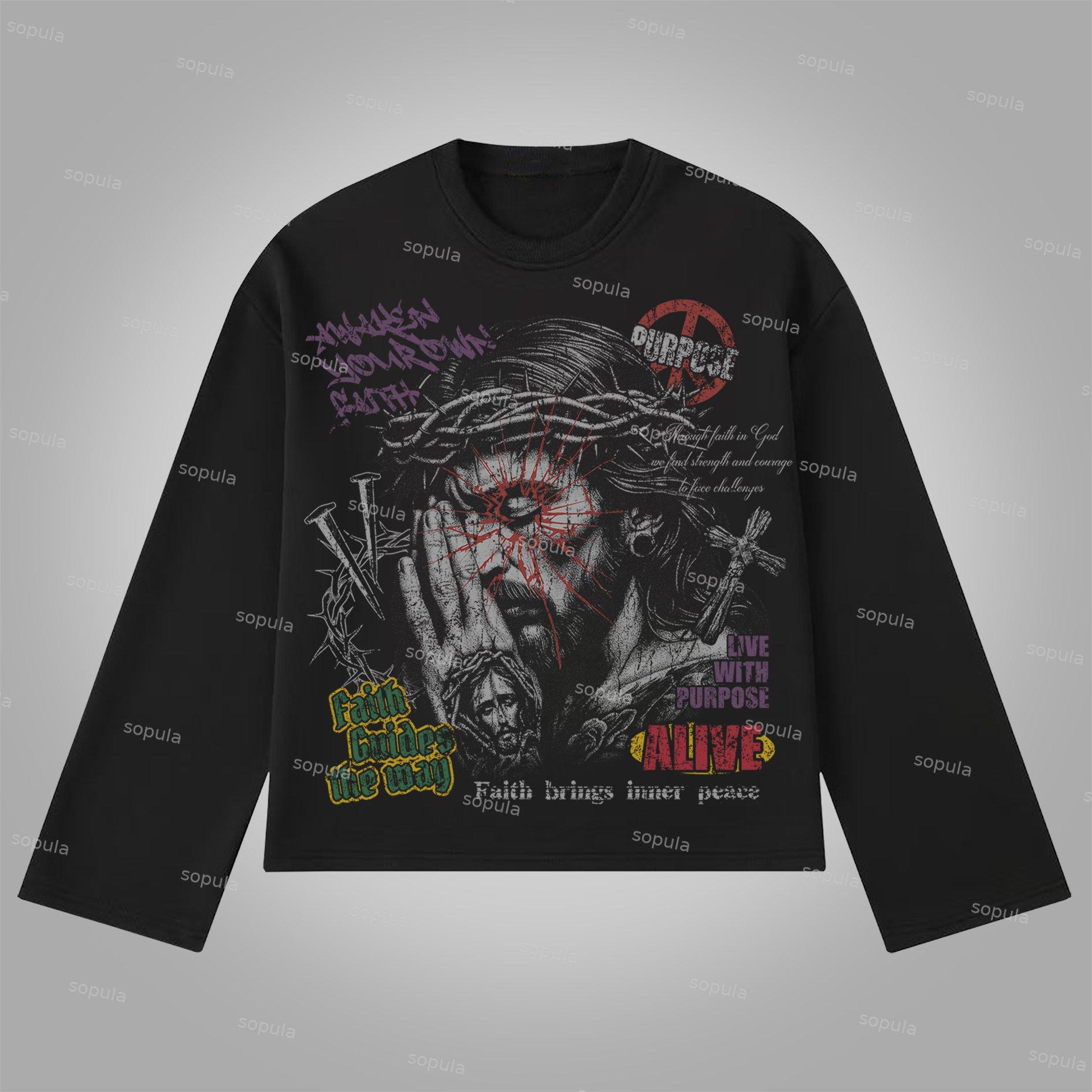 Sopula Pray For Jesus The Meaning Of Life Vintage Graphics Cotton Long Sleeve T-Shirt Product Image