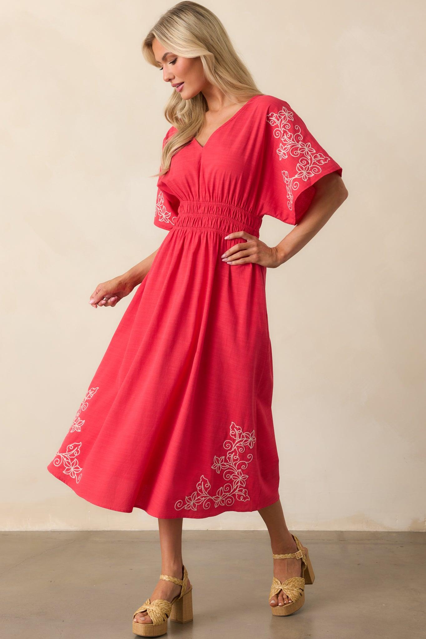 Finding Your Way Red Floral Embroidered Cotton Midi Dress Product Image