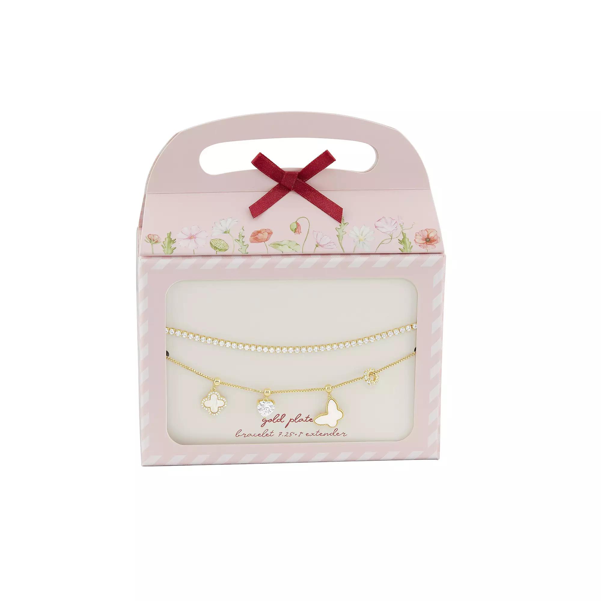 Brilliance 18k Gold Flash Plated Mother-of-Pearl Cubic Zirconia Butterfly, Heart & Clover Charm Double Row Bracelet, Women's, Size: 8.5", Gold Tone Product Image