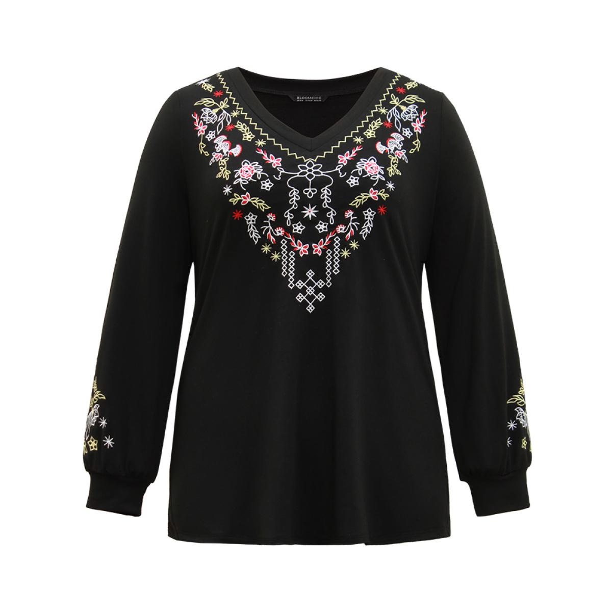 Plus Size Boho Embroidered V Neck Sweatshirt Women Black Elegant Elastic cuffs V-neck Dailywear Sweatshirts BloomChic 28/5X Product Image