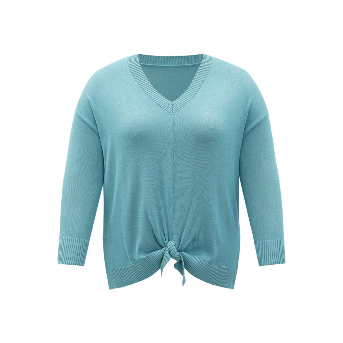 Plus Size Supersoft Essentials Bowknot Front Split Side Pullover Cerulean Women Casual Loose Long Sleeve V-neck Dailywear Pullovers BloomChic 22-24/3X Product Image