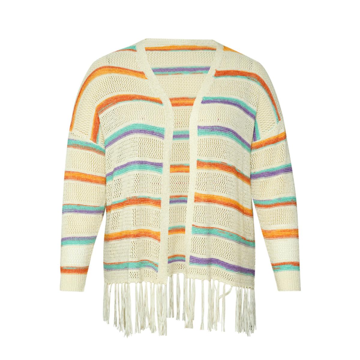 Plus Size Rainbow Striped Fringe Trim Open Front Cardigan Apricot Women Casual Loose Long Sleeve Dailywear Cardigans BloomChic 30/6X Product Image