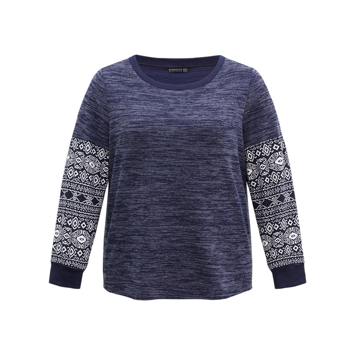 Plus Size Boho Print Patchwork Heather Rib Knit Sweatshirt Women Navy Casual Non Round Neck Everyday Sweatshirts BloomChic 12/L Product Image