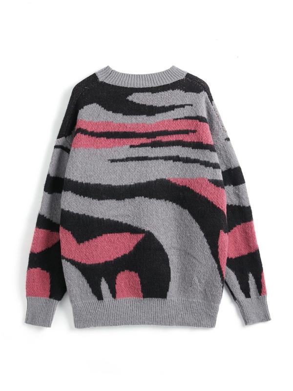 Contrast Color Irregular Jacquard Crew Neck Sweater Product Image