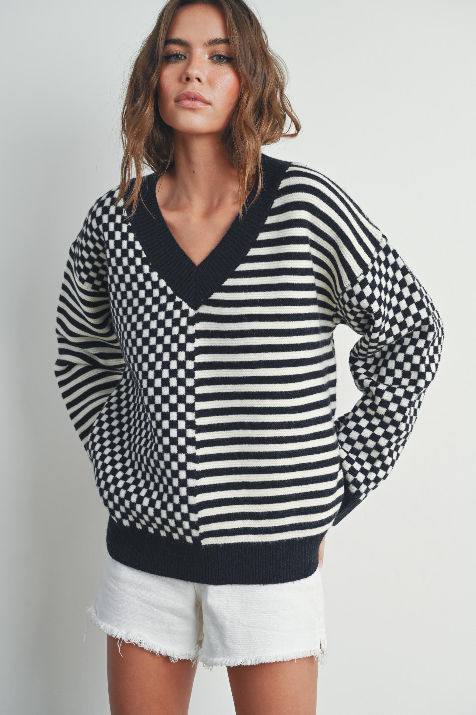 Checker V neck Cozy Sweater Product Image