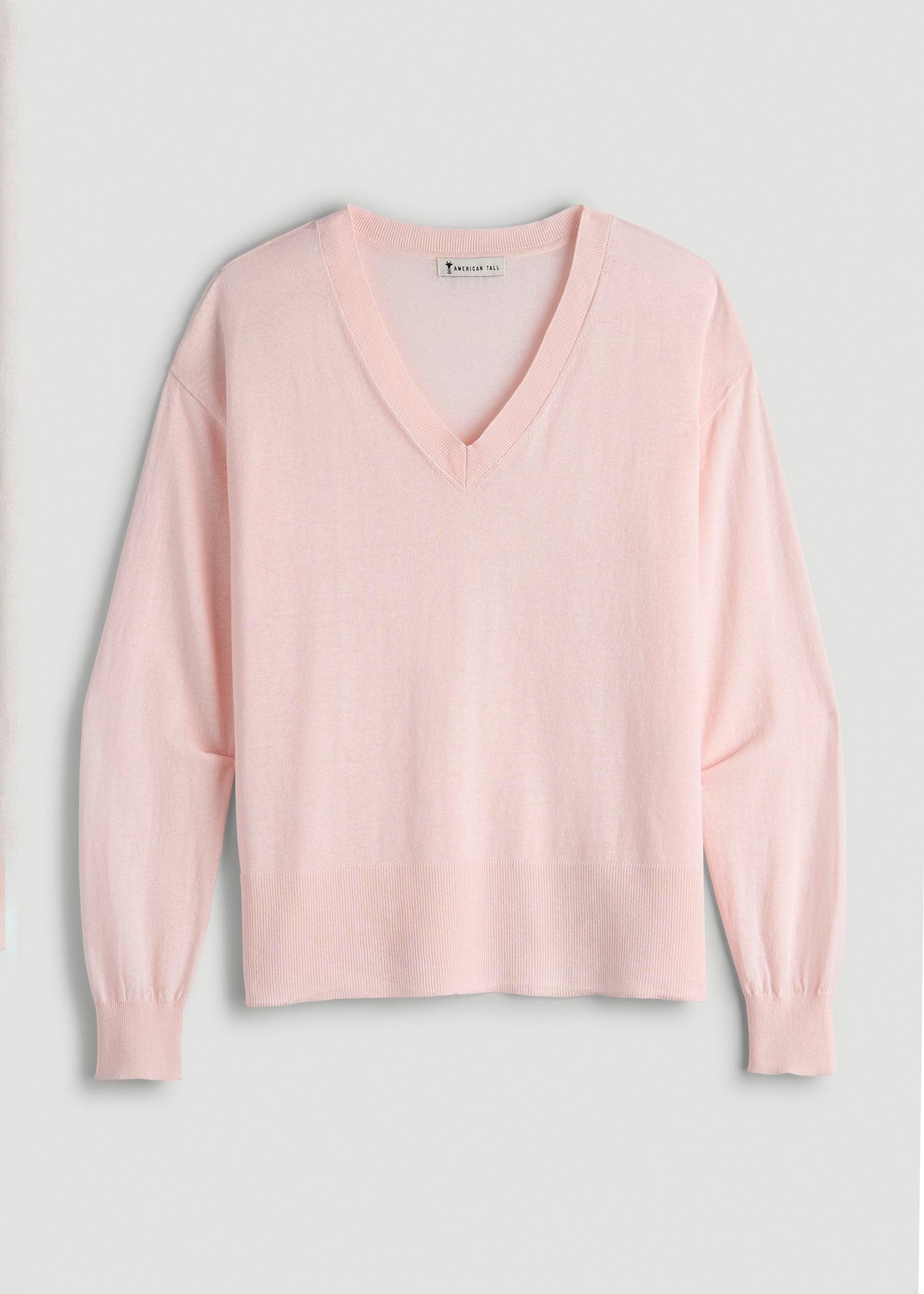 Linen Blend Split Hem V-Neck Sweater for Tall Women in Hush Pink Female Product Image