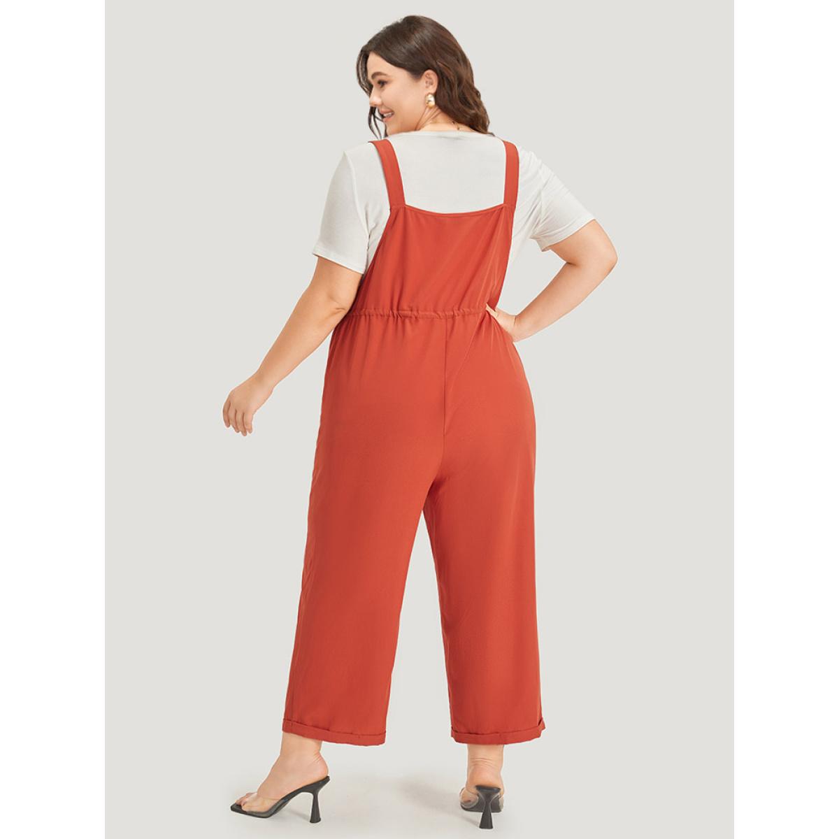 Plus Size OrangeRed Plain Button Up Pocket Roll Hem Drawstring Jumpsuit Women Elegant Sleeveless Spaghetti Strap Dailywear Loose Jumpsuits BloomChic 18-20/2X Product Image