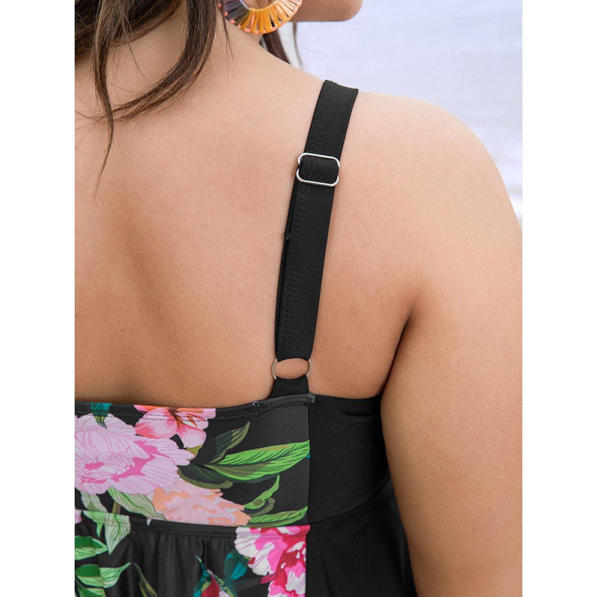 Plus Size Floral Patchwork Ruffle Knotted Swim Dress Women's Swimwear BlackFlower Vacation Bodycon V-neck High stretch Curve Swim Dresses BloomChic 30/6X Product Image