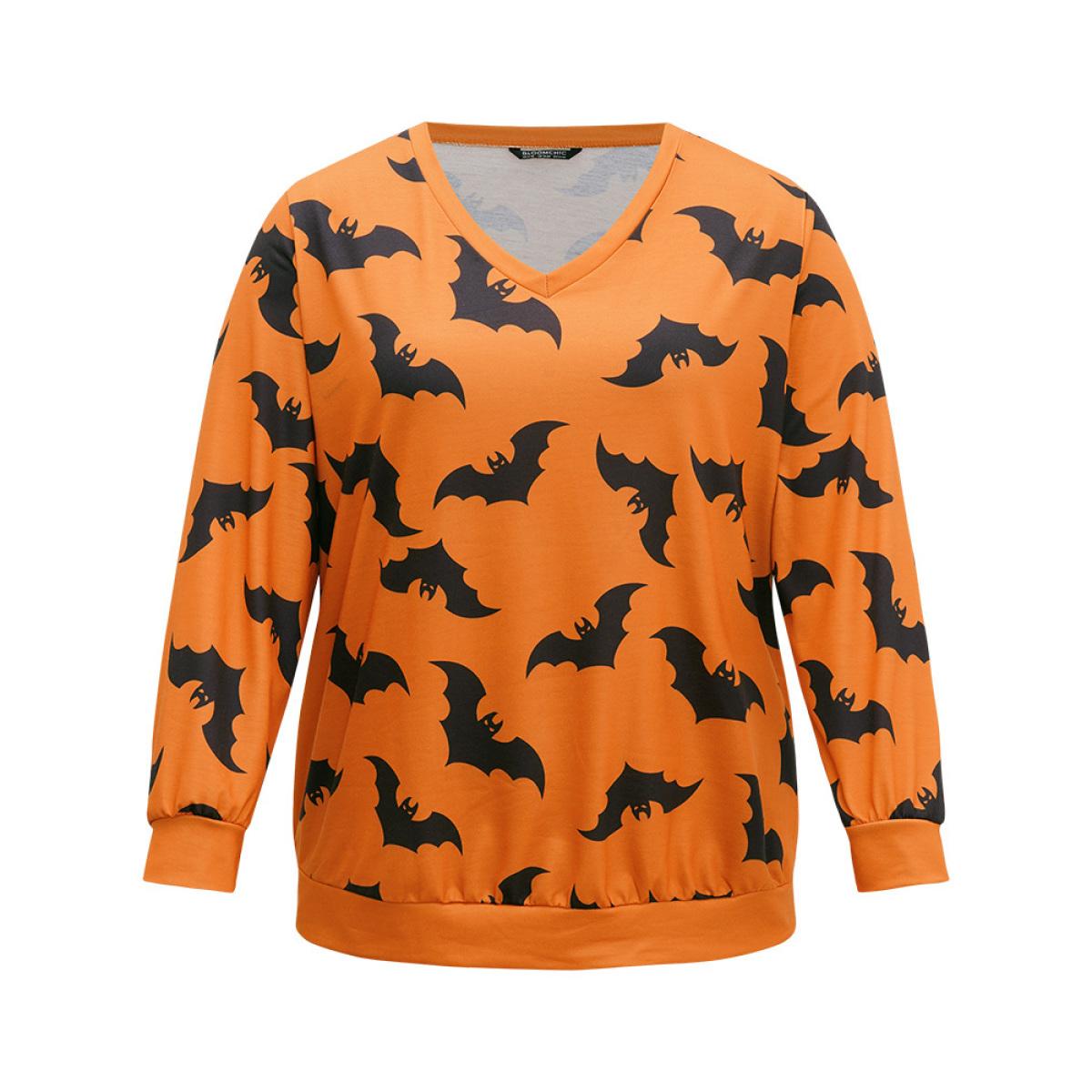 Plus Size Halloween Bat Print V Neck Sweatshirt Women OrangeRed Casual Elastic cuffs V-neck Festival-Halloween Sweatshirts BloomChic 10/M Product Image