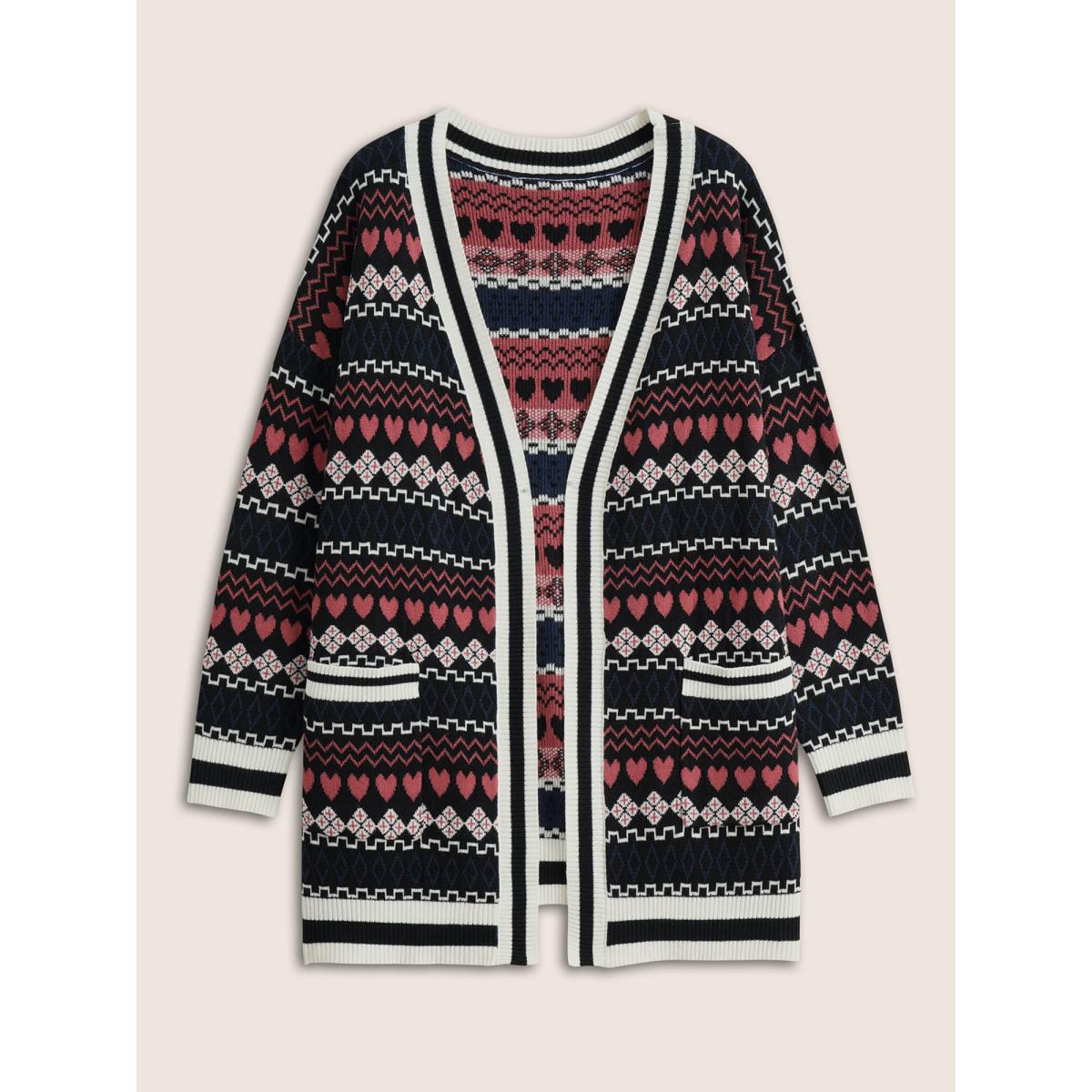 Plus Size Heart Geometric Jacquard Pocket Cardigan Black Women Casual Long Sleeve Everyday Cardigans BloomChic 22-24/3X Product Image