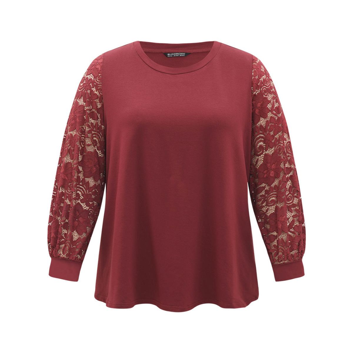Plus Size Solid Crochet Lace Mesh Round Neck Sweatshirt Women Scarlet Elegant Elastic cuffs Round Neck Dailywear Sweatshirts BloomChic 28/5X Product Image