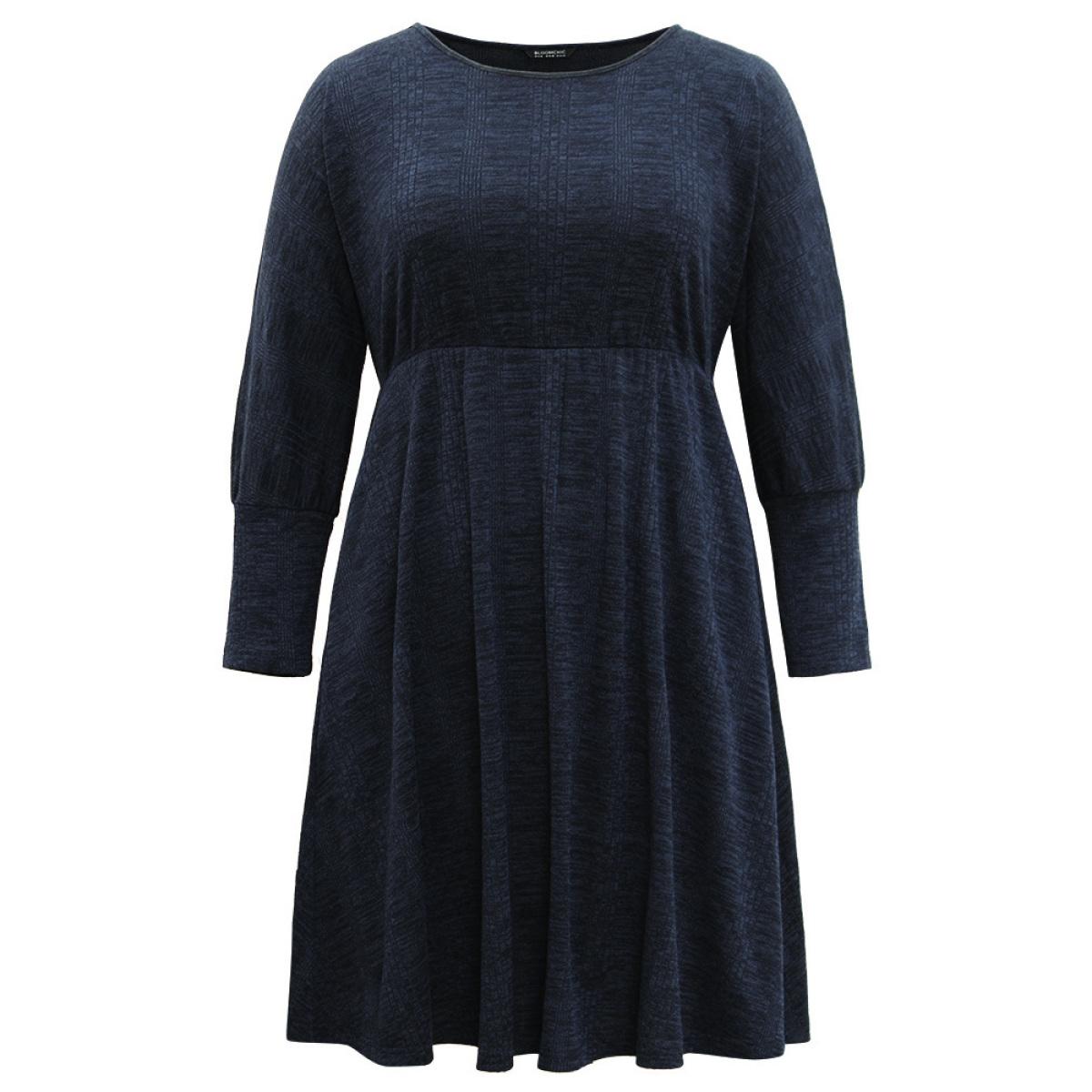 Plus Size Plain Textured Pocket Elastic Waist Dress Indigo Women Casual Texture Round Neck Long Sleeve Curvy Midi Dress BloomChic 12/L Product Image