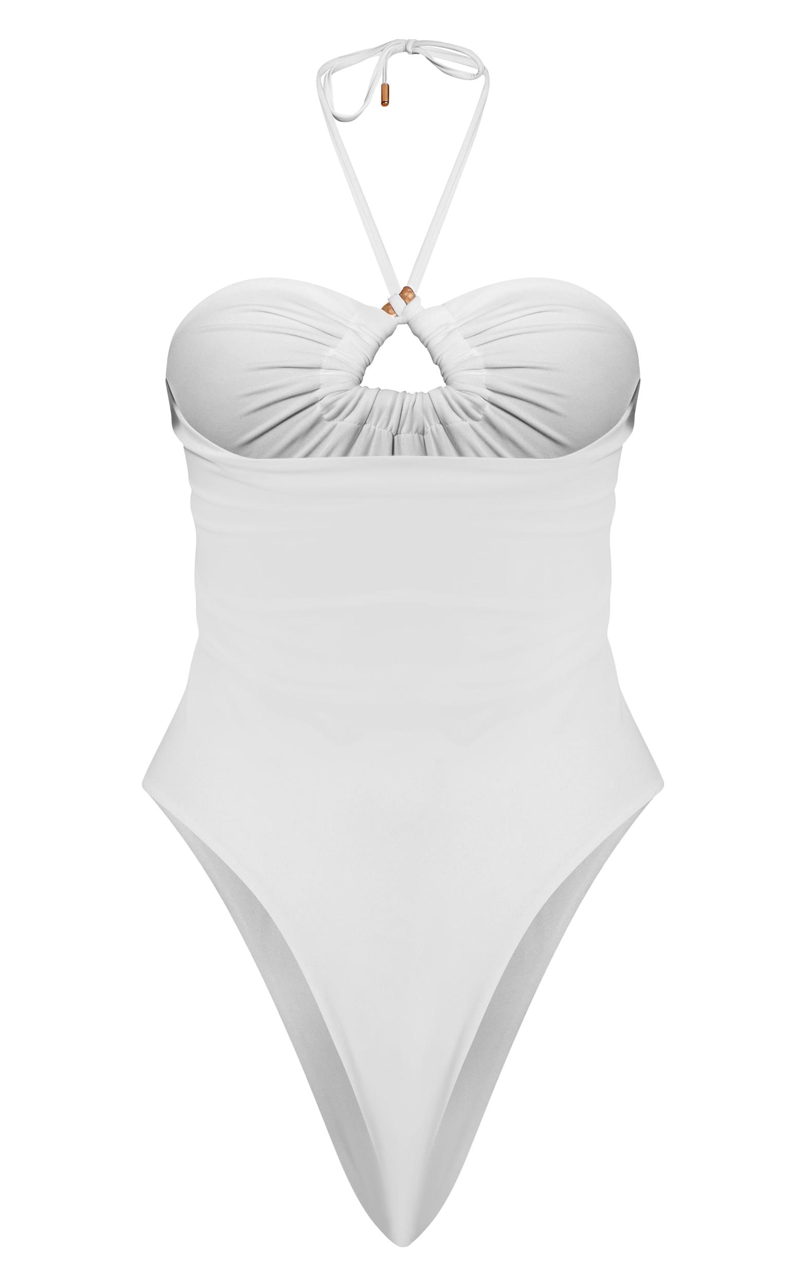Cream Triangle Trim Halter Neck Swimsuit Product Image
