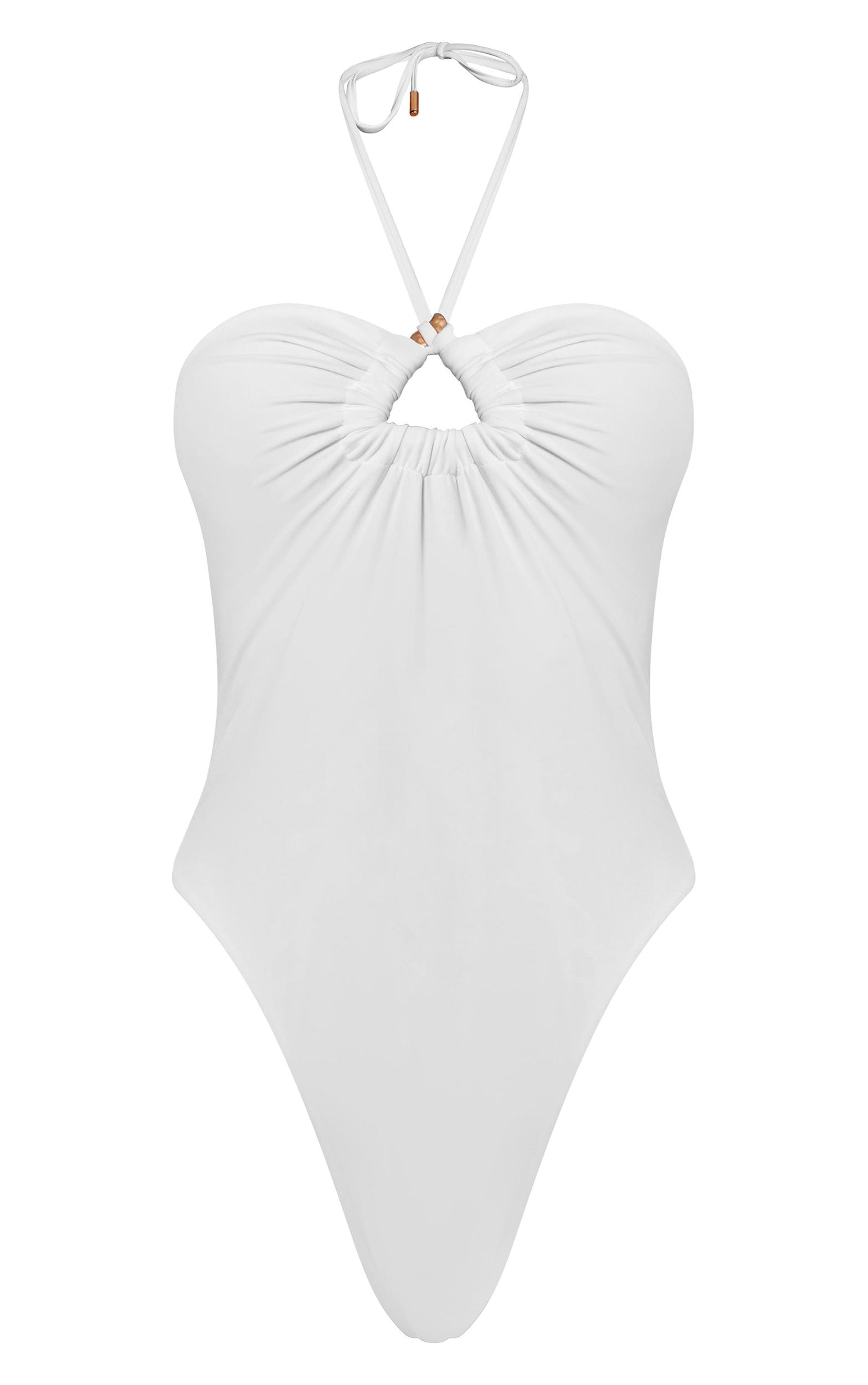 Cream Triangle Trim Halter Neck Swimsuit Product Image