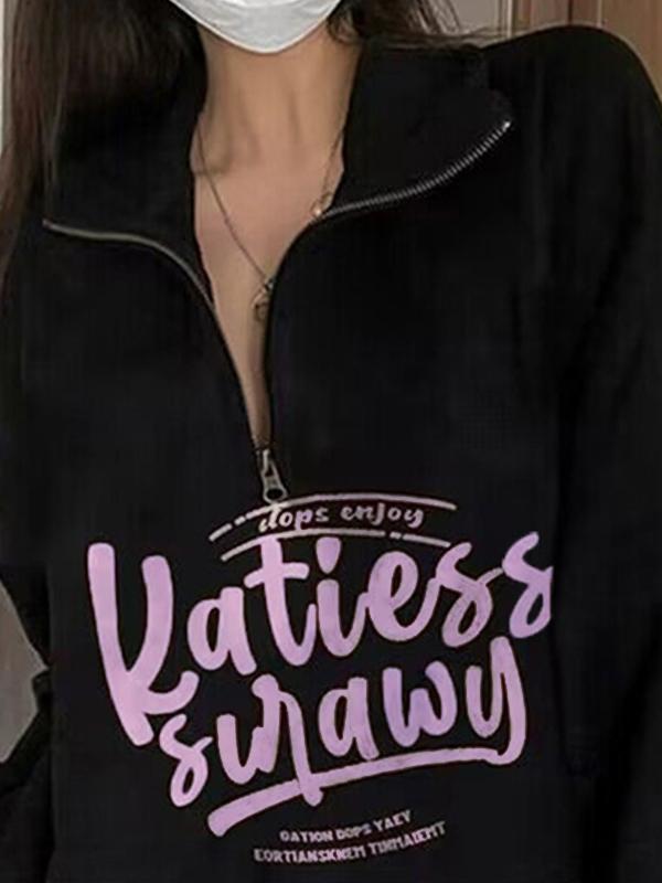 Letter Print Half Zipper Baggy Sweatshirt Product Image