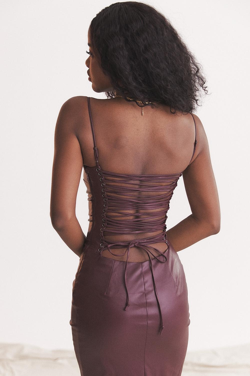 Jalena  mulberry vegan leather lace back dress Product Image