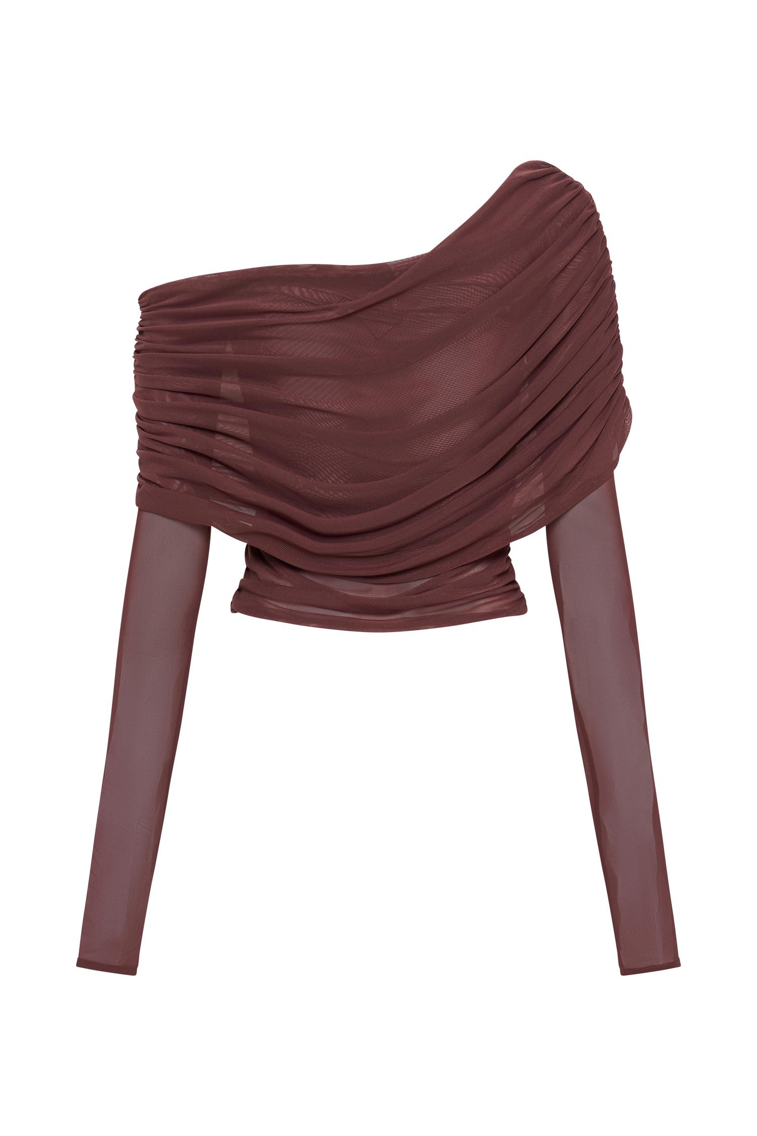 Everly Sheer Mesh Off Shoulder Top - Mahogany Product Image