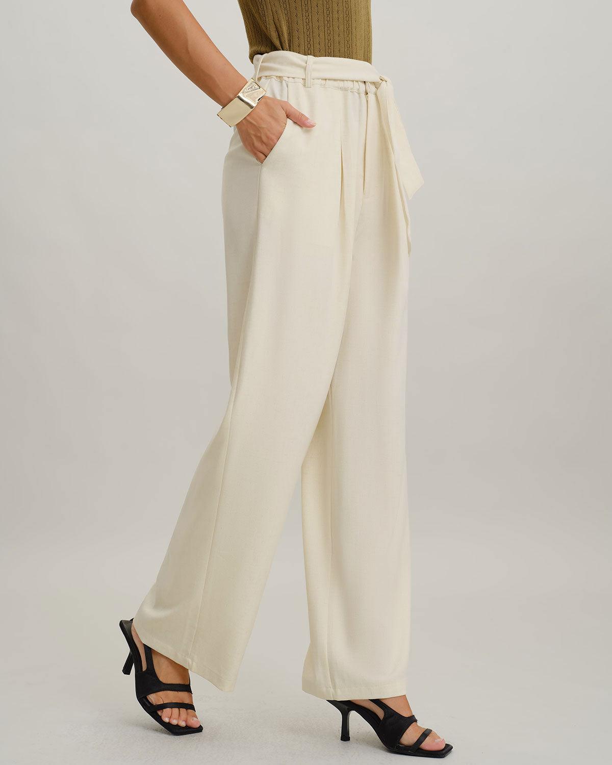 Beige High Waisted Belt Straight Pants Product Image