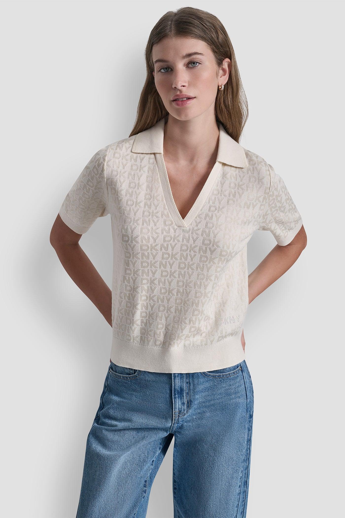 POLO COLLAR SWEATER WITH RHINESTONE LOGO Product Image
