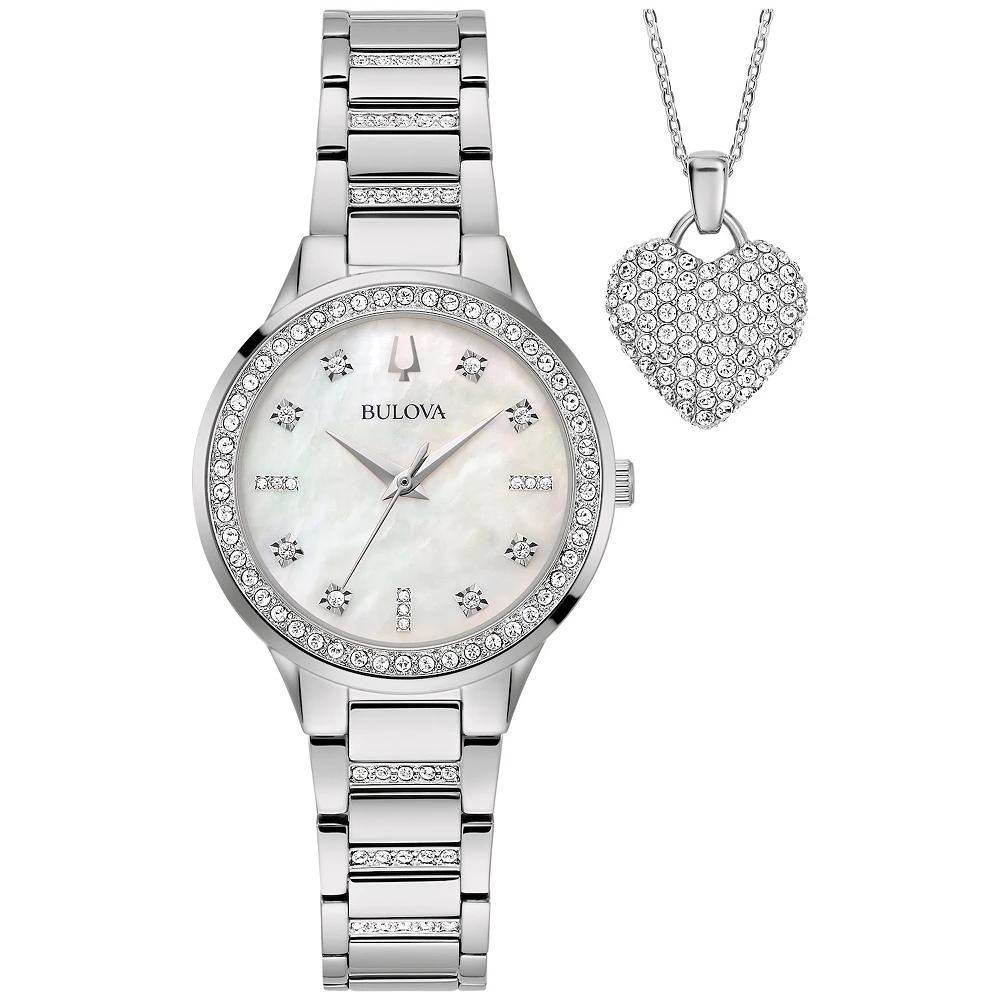 Bulova Womens Stainless Steel Crystal Accent Bracelet Watch & Crystal Heart Necklace Box Set - 96X162 White Product Image