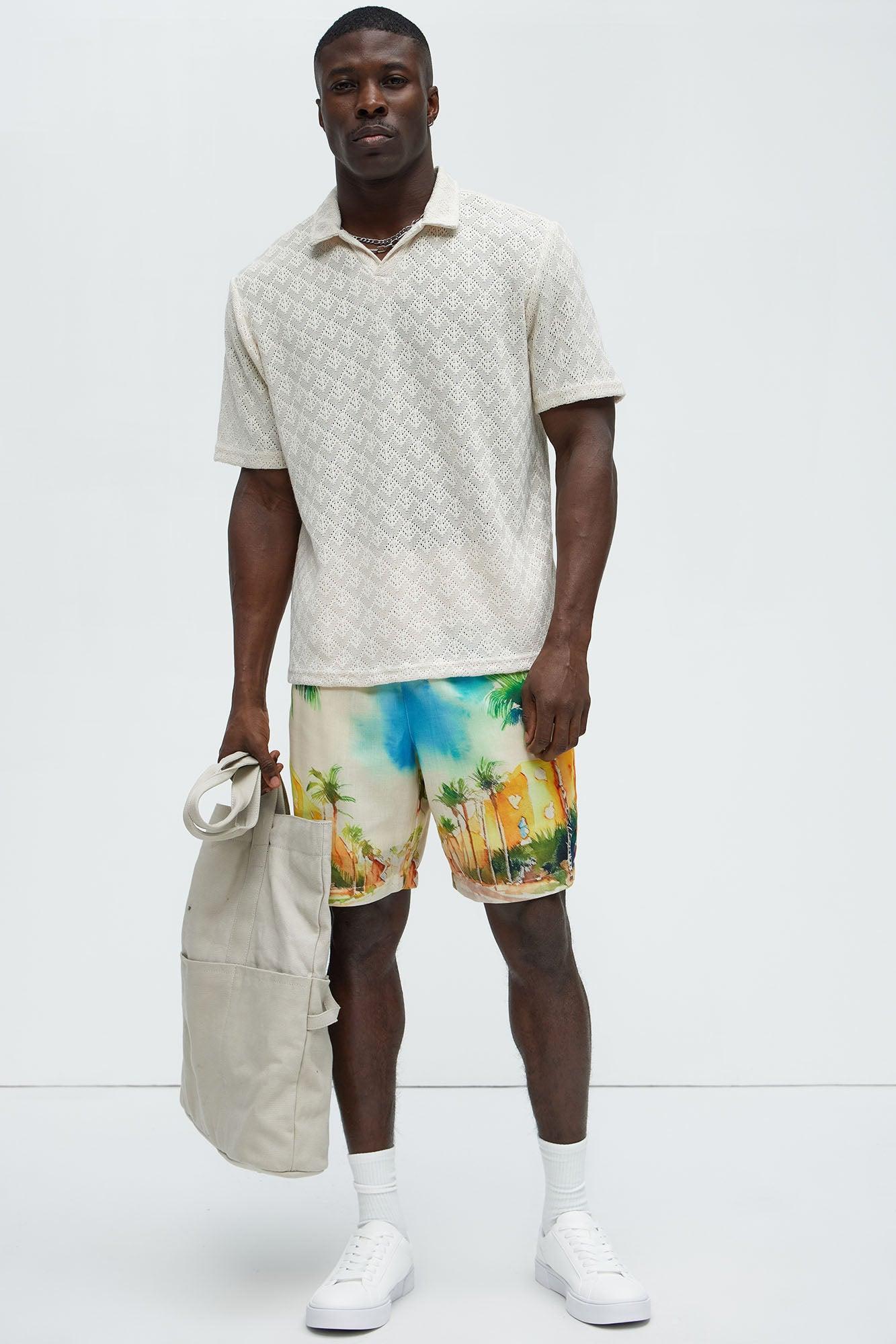 Diamond Shape Knit Johnny Collar Shirt - Cream Product Image