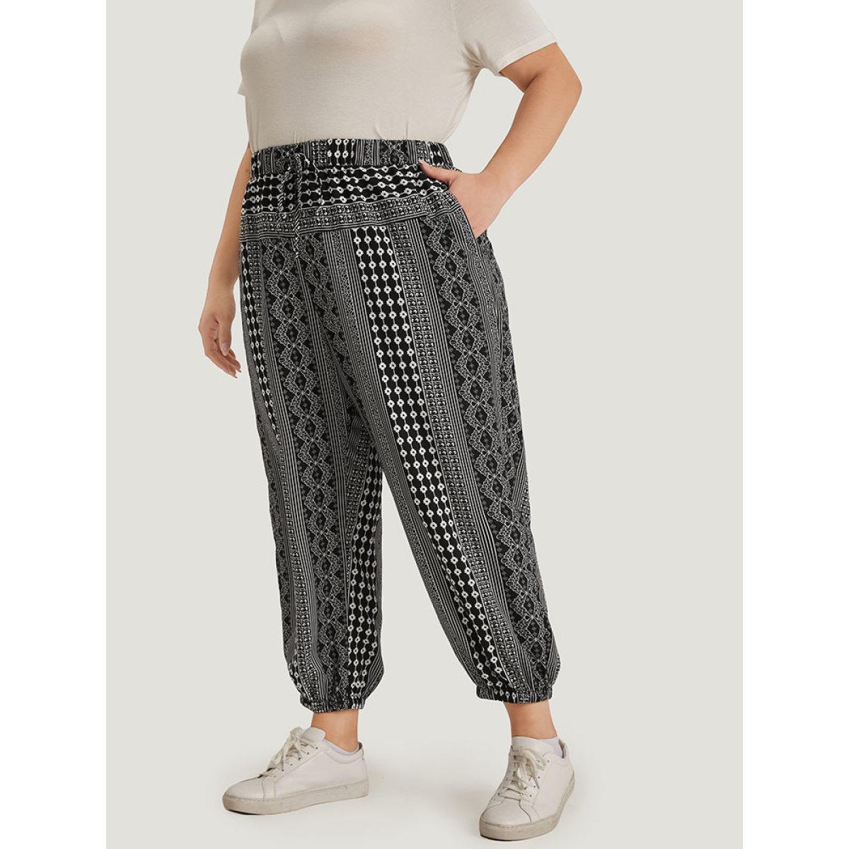 Plus Size Moroccan Print Pocket Elastic Waist Ties Pants Women Black Casual High Rise Dailywear Pants BloomChic 22-24/3X Product Image