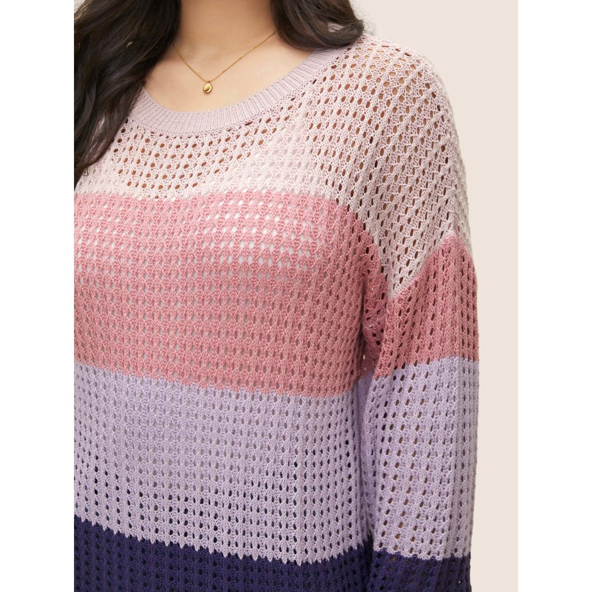 Plus Size Colorblock Contrast Pointelle Knit Drop Shoulder Pullover Watermelon Women Casual Long Sleeve Round Neck Everyday Pullovers BloomChic 18-20/2X Product Image
