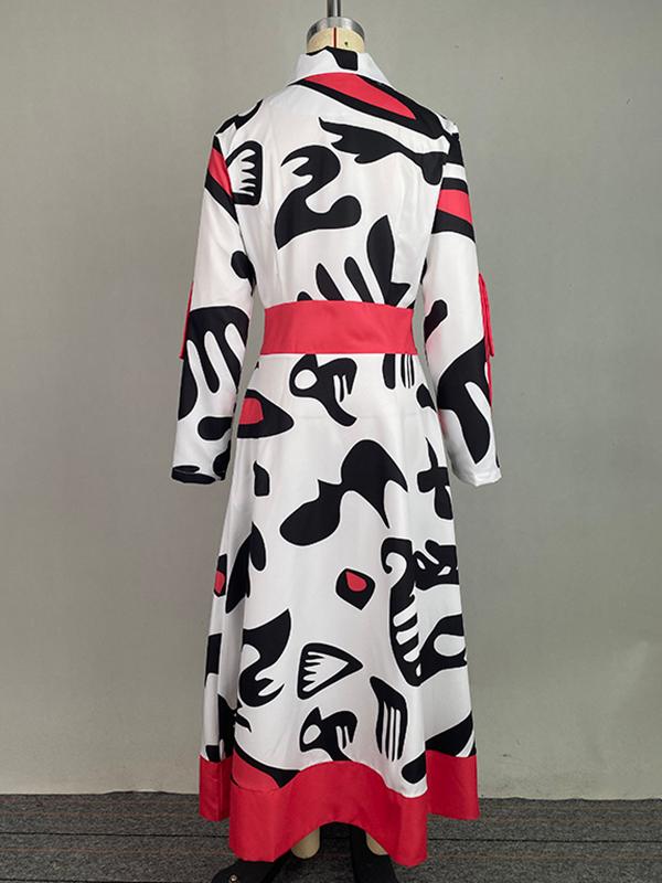 A-Line Long Sleeves Buttoned Contrast Color Tied Waist Notched Collar Maxi Dresses Shirt Dress Product Image