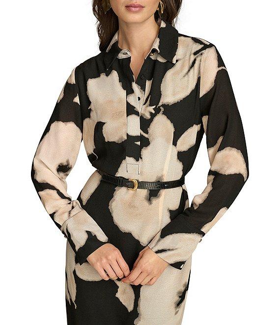 Donna Karan Chiffon Collared V-Neck Long Sleeve Belted Sheath Midi Dress Product Image