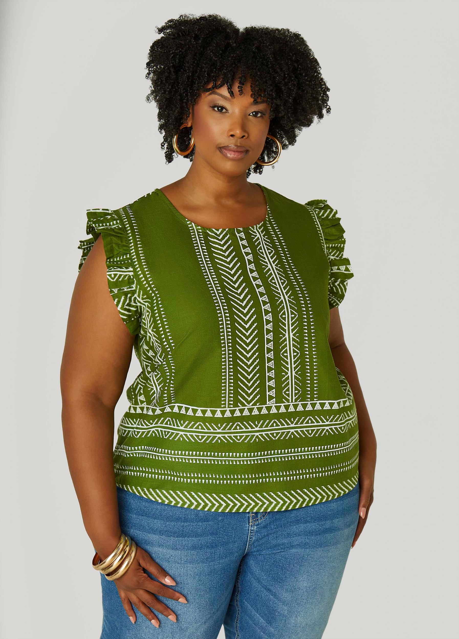 Plus Size Ruffle Trimmed Printed Cotton Top Ashley Stewart Product Image