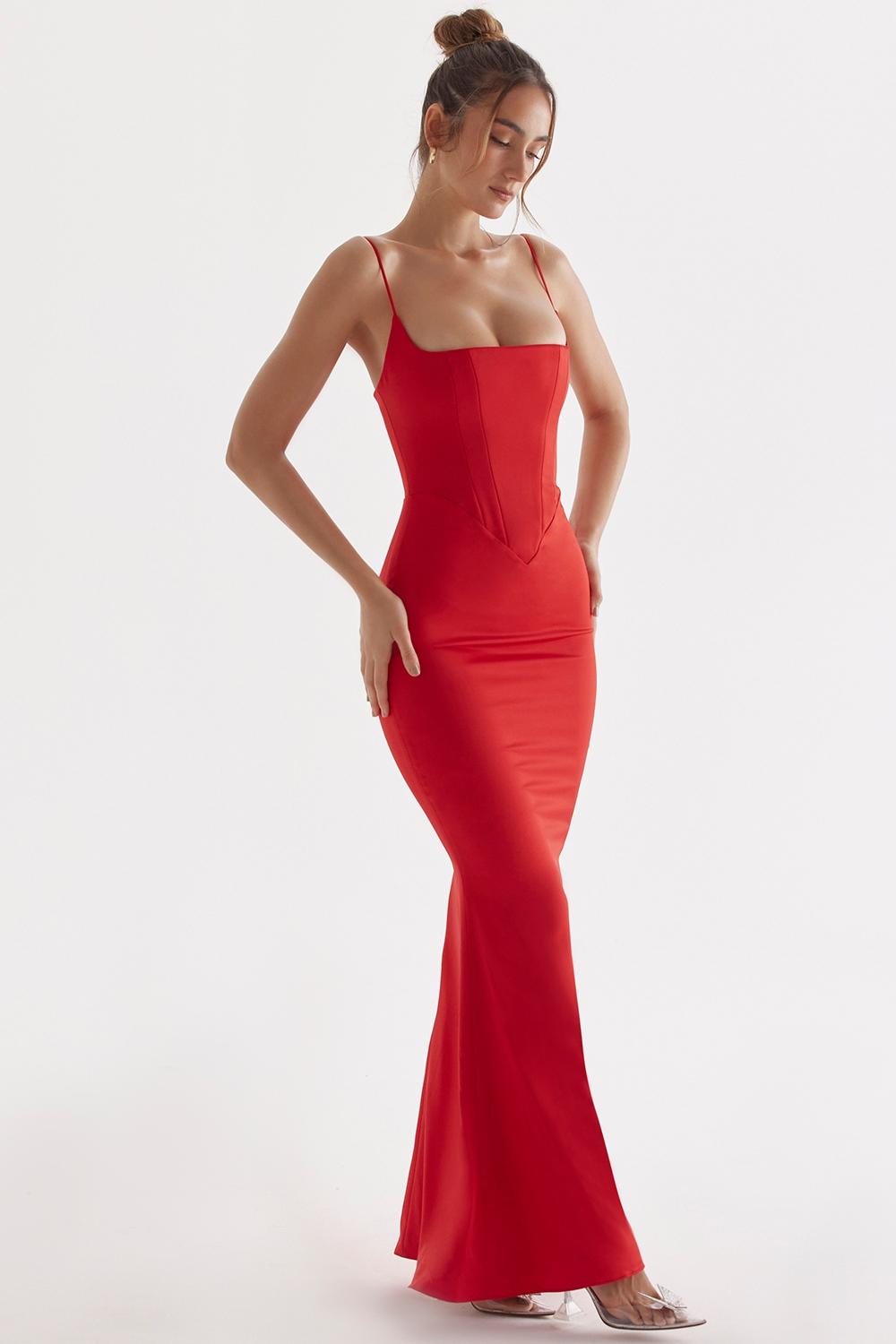Olivette  red rose satin corset maxi dress - sale Product Image