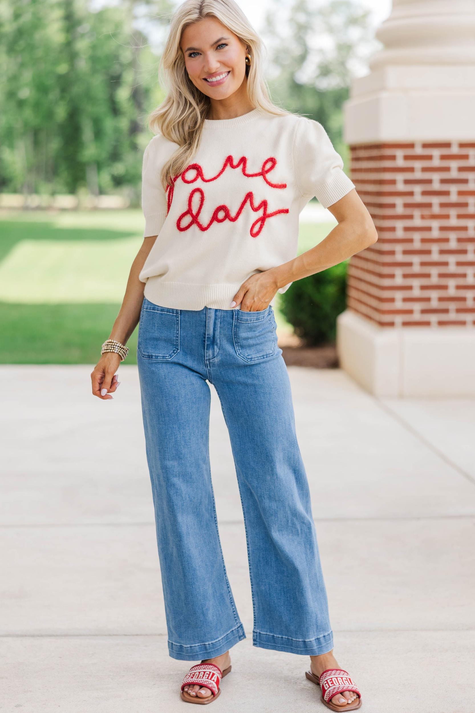 To The Stadium White and Red Game Day Puff Sleeve Sweater Female Product Image
