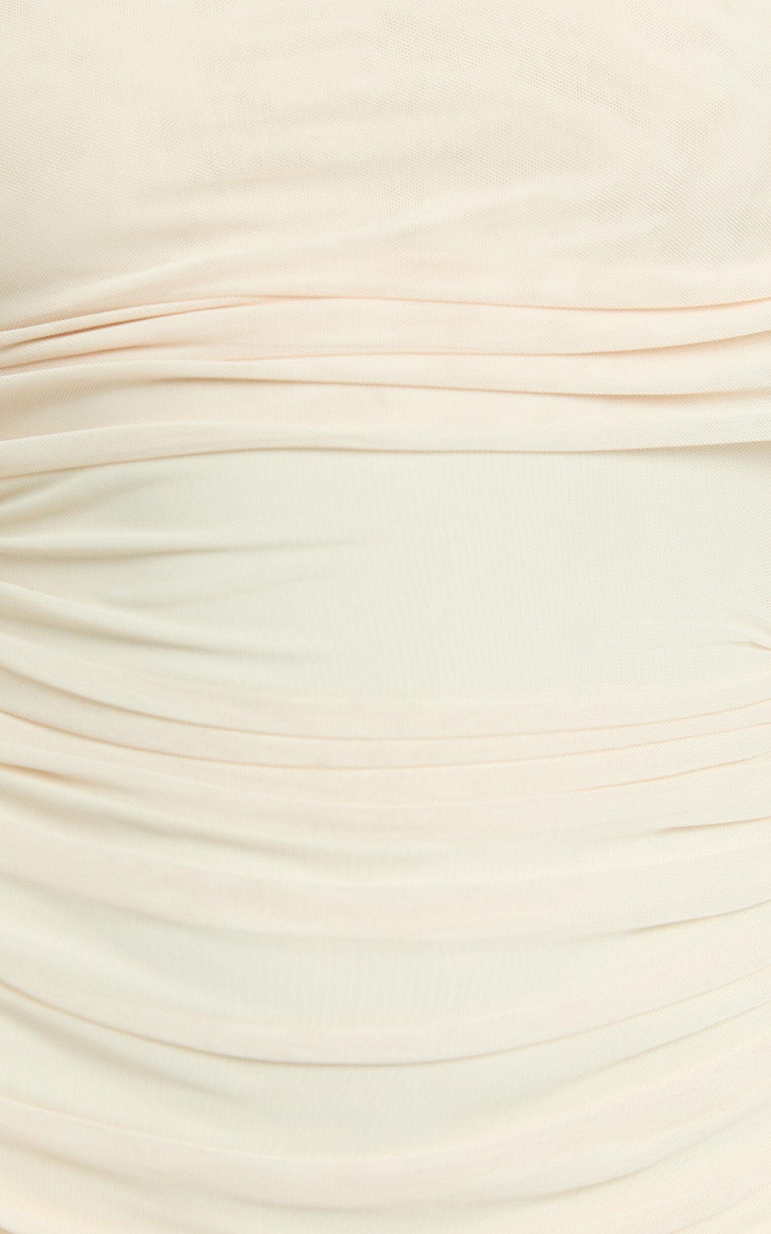 Clyde Mini Dress - Mesh Off Shoulder Ruched Bodycon Dress in Cream Product Image