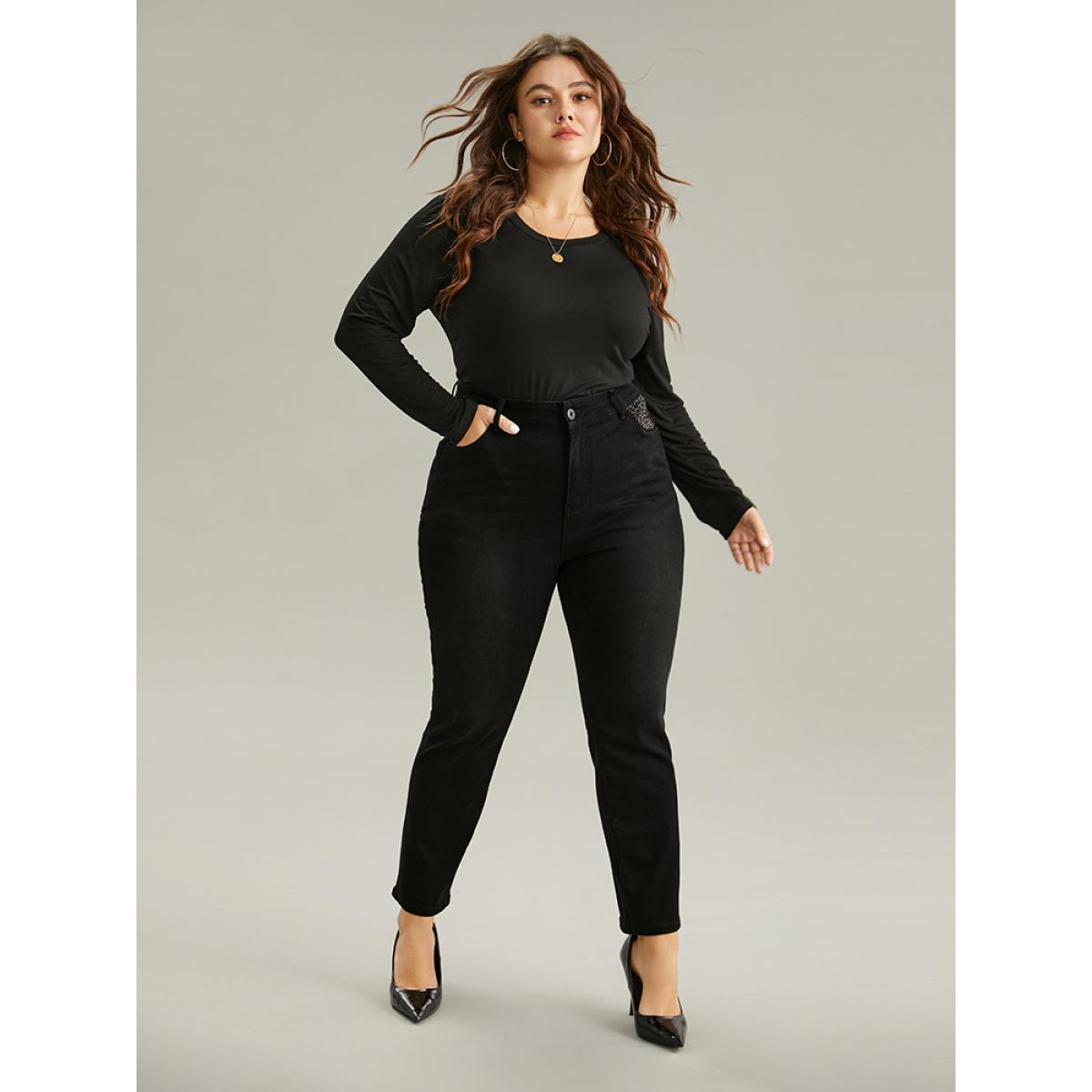 Plus Size Rhinestone Detail Straight Leg Black Wash Jeans Women DimGray Casual Plain Rhinestone detailing High stretch Pocket Jeans BloomChic 10/M Product Image