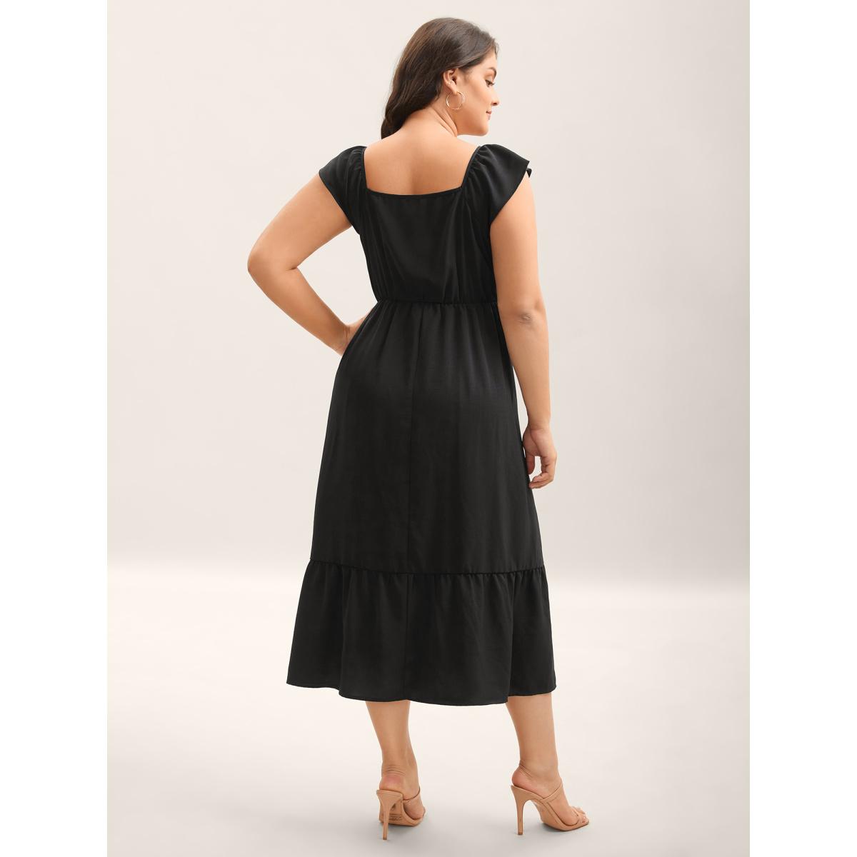 Plus Size Ruched Pleated Plain Flutter Sleeve Maxi Dress Black Women V-neck Sleeveless Curvy BloomChic 12/L Product Image