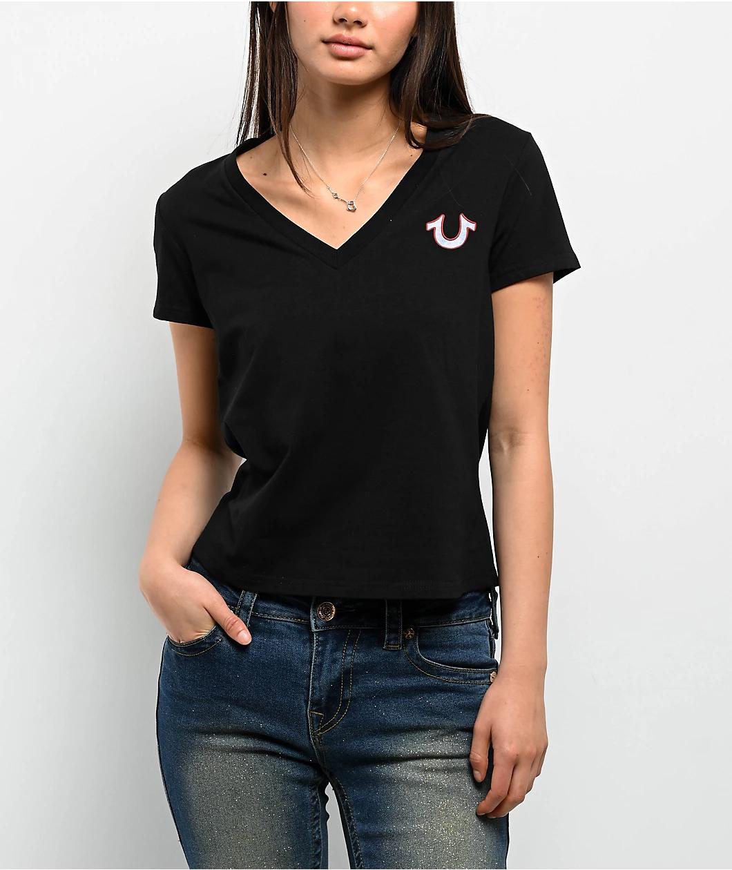 True Religion Tropical Denim Horseshoe Black V-Neck T-Shirt Product Image