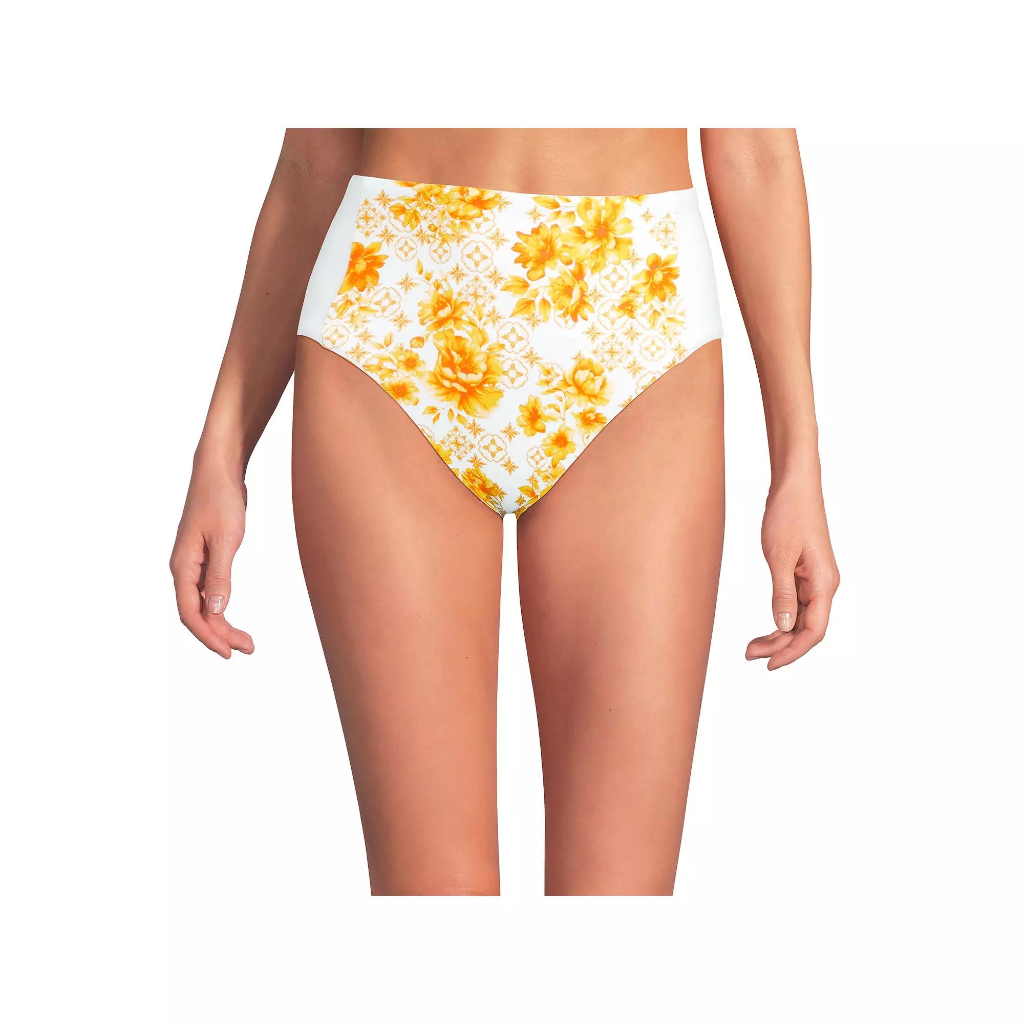 Women's Lands' End Seamed High Waisted Bikini Bottoms, Size: 12, Yellow Floral White Product Image
