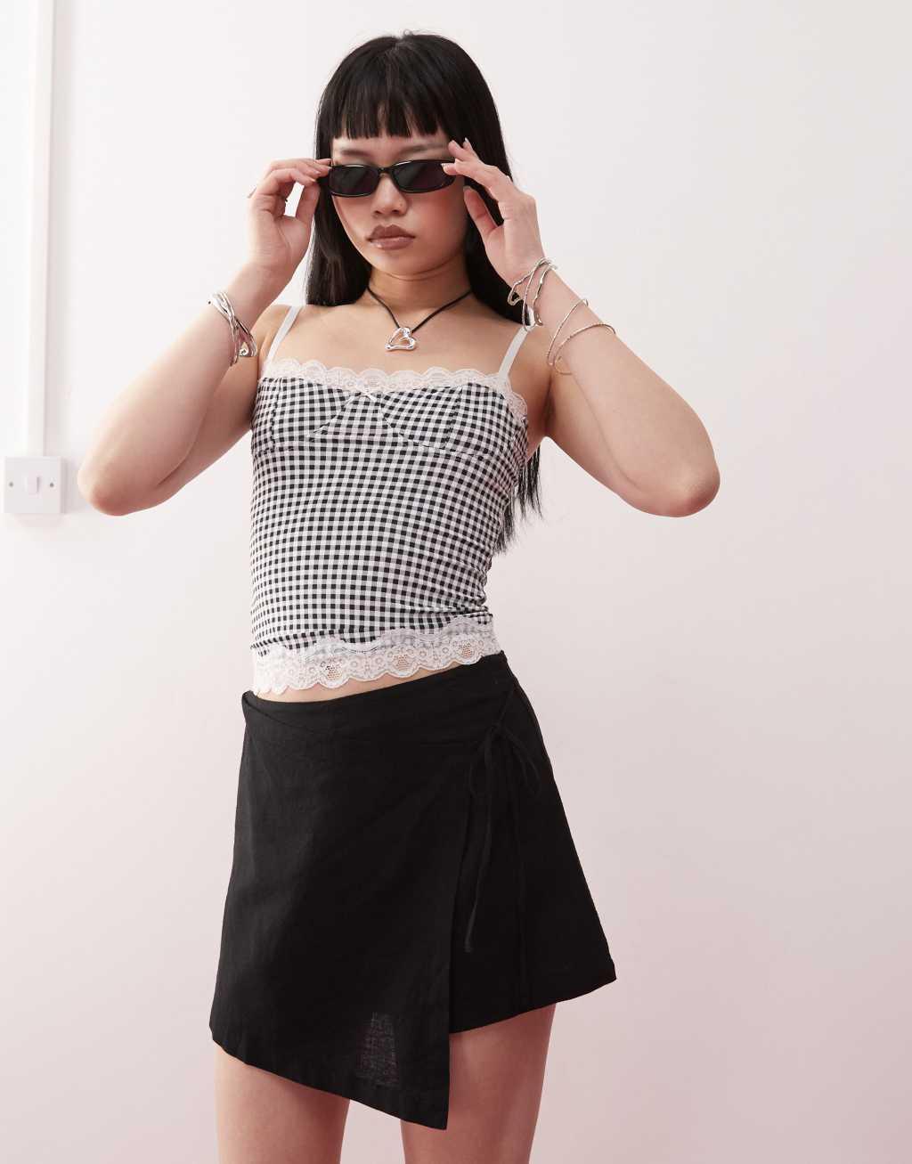Monki linen wrap skort with tie detail in black exclusive to ASOS Product Image