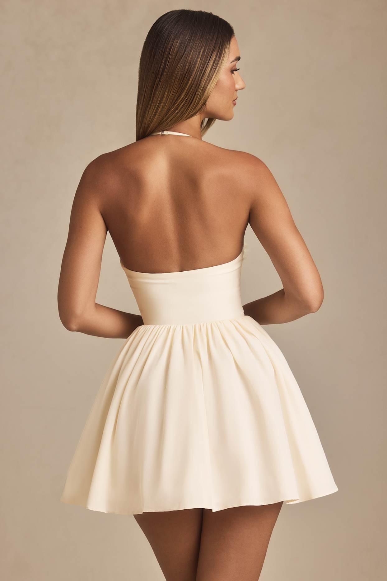 Halterneck Floral-Appliqué Corset Mini Dress in Ivory Product Image