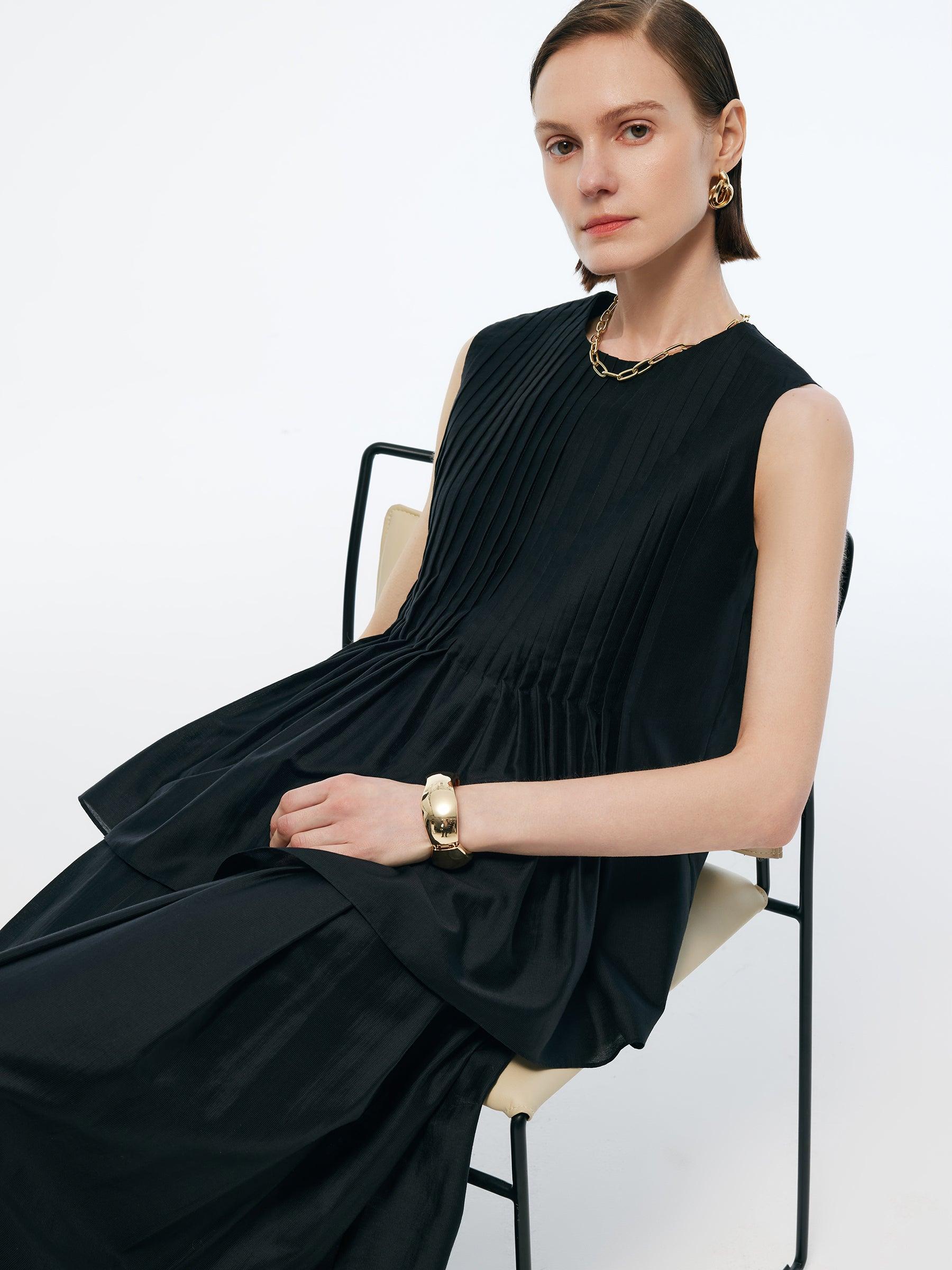 Tencel Blend Ruffle Hem Pleated Tank Top And A-Line Skirt Two-Piece Se Product Image