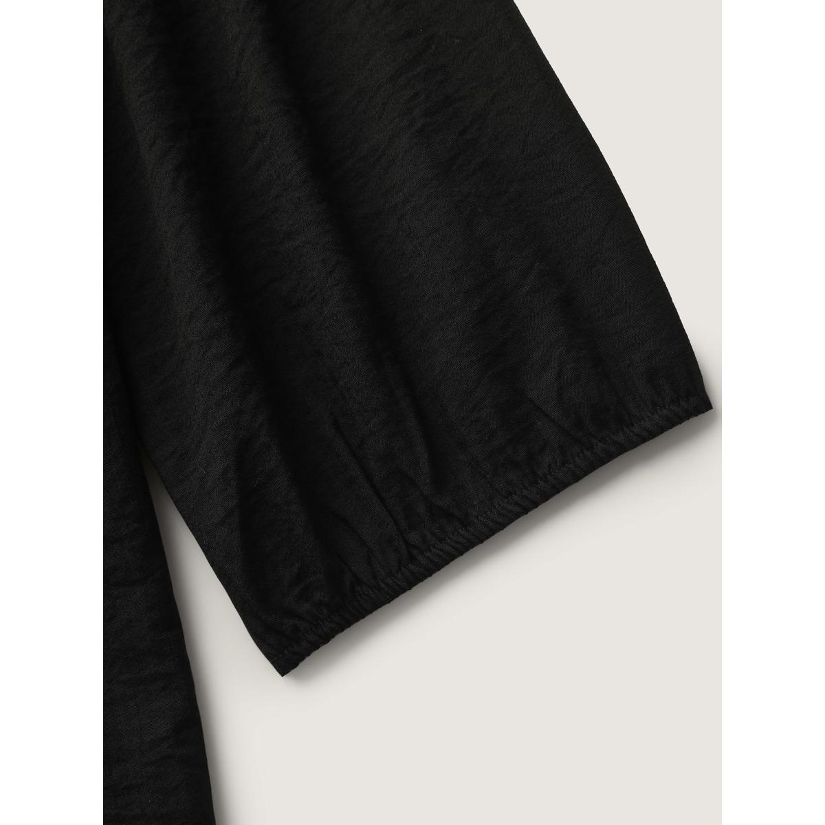 Plus Size Black Floral Embroidered Tie Knot Lantern Sleeve Blouse Women Boho Elbow-length sleeve V-neck Vacation Blouses BloomChic 12/L Product Image