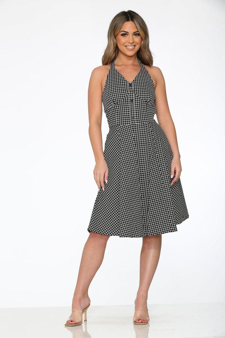 Black White Checkmate Halter Dress Product Image