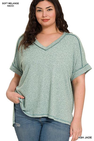 Ocean Blue Soft Melange V Neck Top Product Image