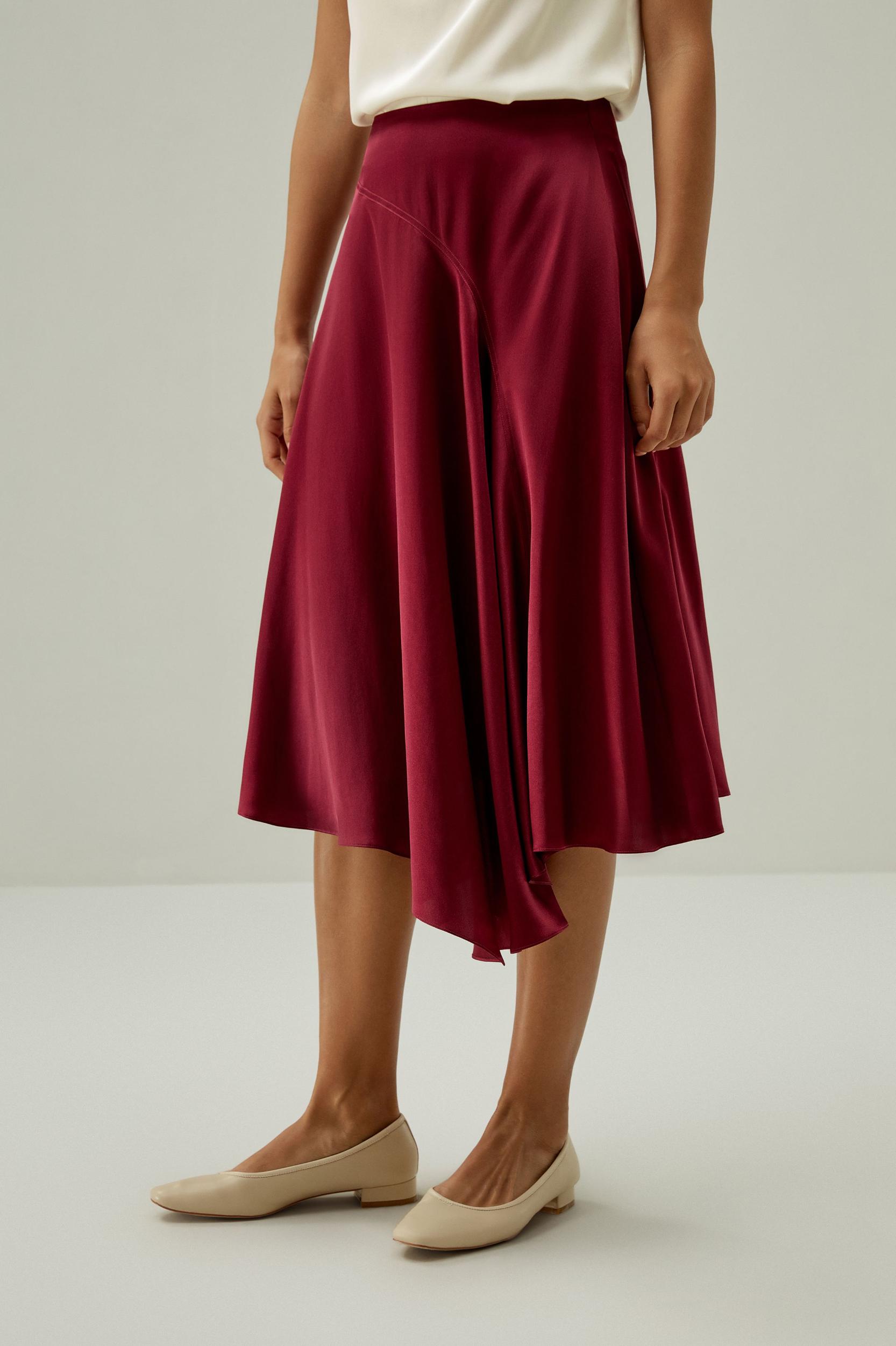LILYSILK Women's Asymmetrical Silk Skirt, Cherry Red, Size 6, Elegant Flared Hem, Calf-Length, Side Zipper Product Image