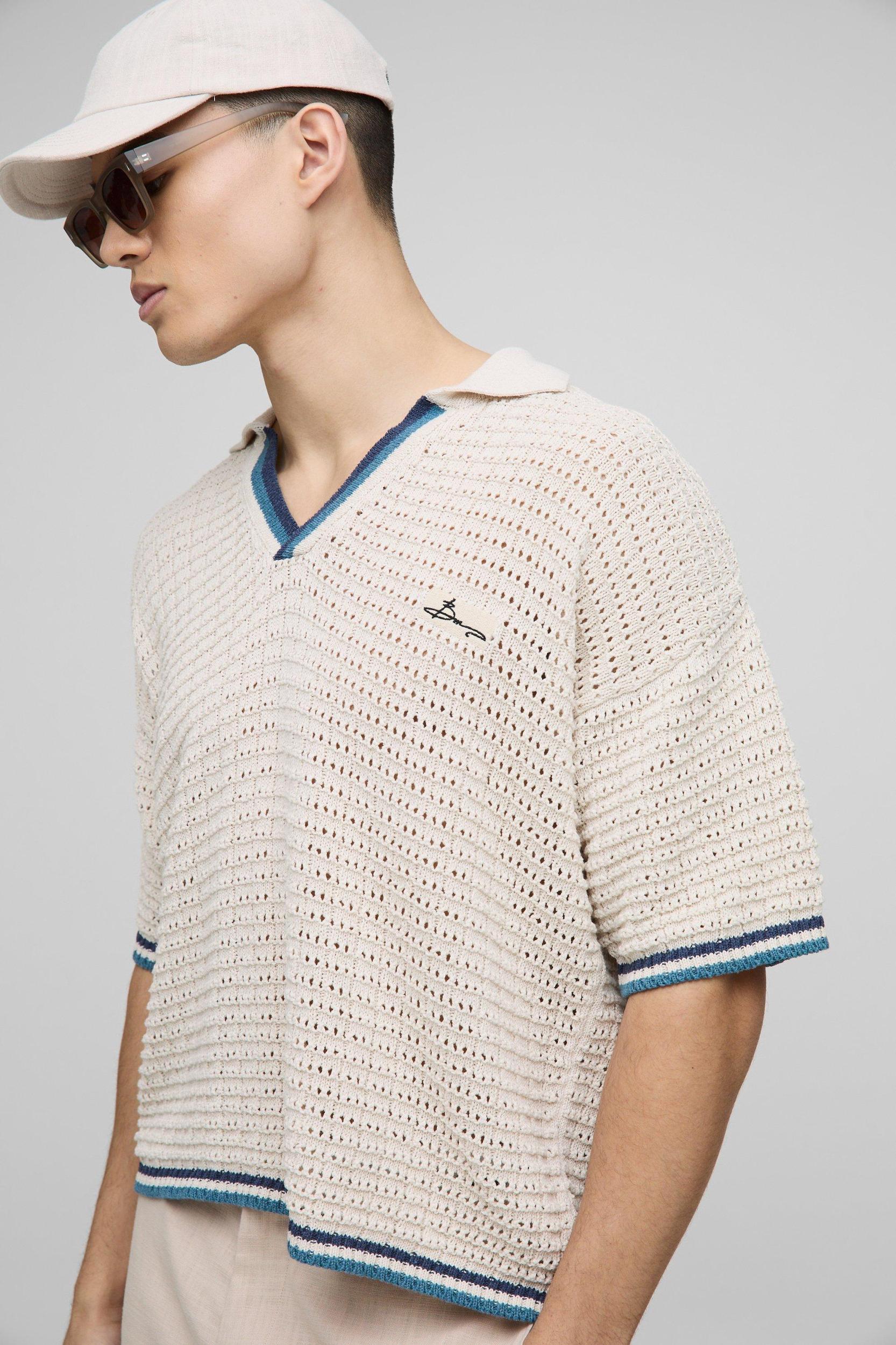 Oversized Boxy Open Stitch Stripe Trim Knitted Polo | boohooMAN USA Product Image
